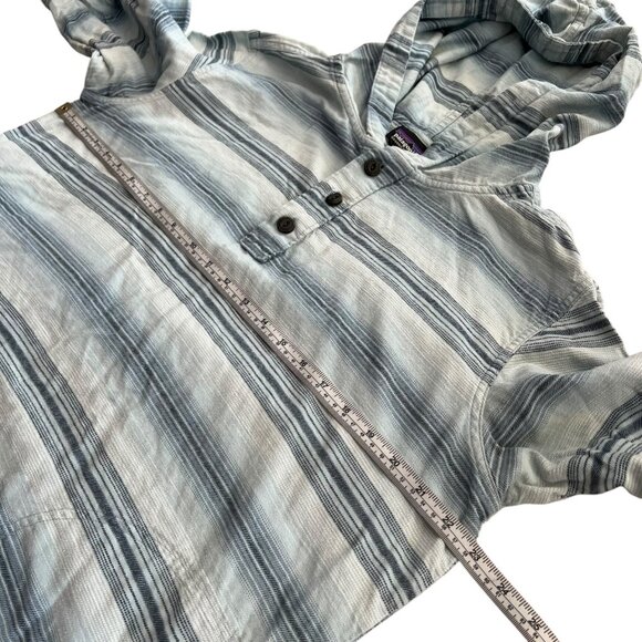 Patagonia Mens Organic Cotton Stripe Hooded Shirt Blue M Beachy Coastal Surf - Picture 9 of 11